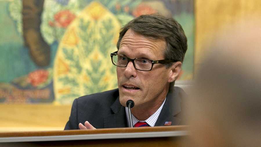 FILE - In this July 13, 2017, file photo, State Sen. Ted Gaines, R-El Dorado Hills, a member of the Senate Environmental Quality Committee, speaks in opposition to a measure to extend the California&apos;s cap and trade program that was before the committee in Sacramento, Calif. Sen. Gaines, who represents the Siskiyou County, said on Wednesday, Sept. 13, 2017, that he formally asked the governor for the emergency declaration to compel state officials to help Sheriff Jon Lopey in crack down on the illegal marijuana farms. Gaines said that could include making the California National Guard available to help. (AP Photo/Rich Pedroncelli, File)