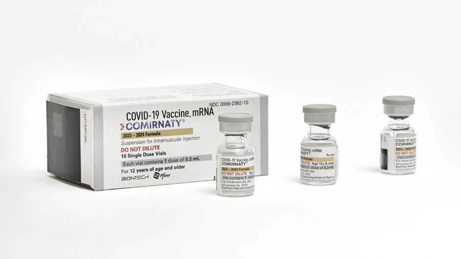 This photo provided by Pfizer in September 2023 shows single-dose vials of the company&apos;s updated COVID vaccine for adults. U.S. regulators have approved updated COVID-19 vaccines from Pfizer and Moderna, shots aimed at revving up protection this fall and winter. The Food and Drug Administration&apos;s decision Monday, Sept. 11, 2023 is part of a shift to treat fall COVID-19 vaccine updates much like getting a yearly flu shot. (Pfizer via AP)