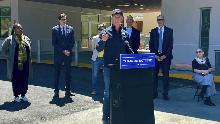 California Gov. Gavin Newsom makes an announcement on Tuesday, May 14, 2024, in San Mateo, Calif. Hammered by mounting pressure to address the growing homelessness crisis in California, Newsom announced that his administration will make $3.3 billion available ahead of schedule for counties and private developers to start building more behavioral health treatment centers as part of his efforts to fund housing and drug use programs. (AP Photo/Haven Daley)