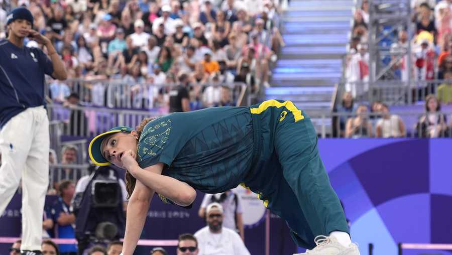 FILE - Australia's Rachael Gunn, known as B-Girl Raygun, competes during the Round Robin Battle at the breaking competition at La Concorde Urban Park at the 2024 Summer Olympics, Aug. 9, 2024, in Paris, France.