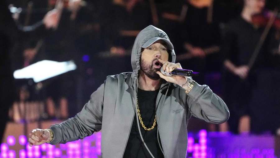 FILE - Eminem performs during &quot;Live From Detroit: The Concert at Michigan Central,&quot; on June 6, 2024, in Detroit. (AP Photo/Carlos Osorio, File)