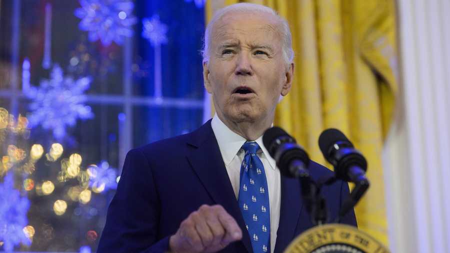 FILE - President Joe Biden speaks during a Hanukkah reception in the East Room of the White House in Washington, Monday, Dec. 16, 2024. (AP Photo/Rod Lamkey, Jr., File)