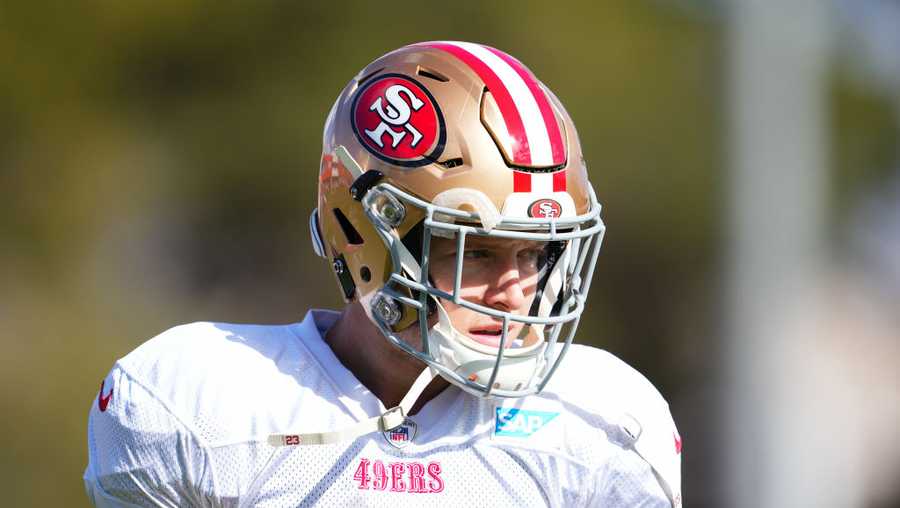 LAS VEGAS, NEVADA - FEBRUARY 08: Christian McCaffrey #23 participates during San Francisco 49ers practice ahead of Super Bowl LVIII at Fertitta Football Complex on February 08, 2024 in Las Vegas, Nevada. (Photo by Chris Unger/Getty Images)