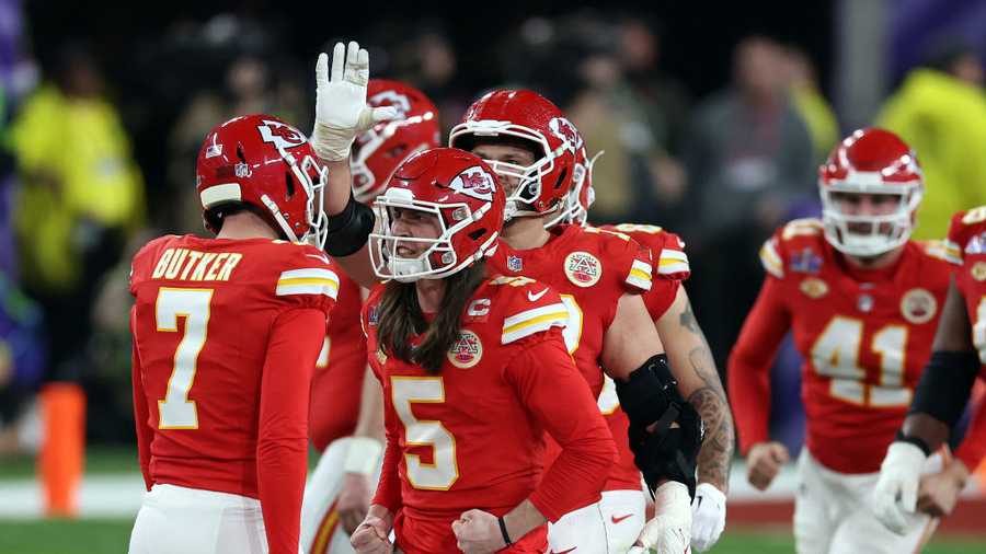 LAS VEGAS, NEVADA - FEBRUARY 11: Harrison Butker #7 of the Kansas City Chiefs celebrates with Tommy Townsend #5 after kicking a Super Bowl record-breaking 57-yard field goal in the third quarter against the San Francisco 49ers during Super Bowl LVIII at Allegiant Stadium on February 11, 2024 in Las Vegas, Nevada. (Photo by Harry How/Getty Images)