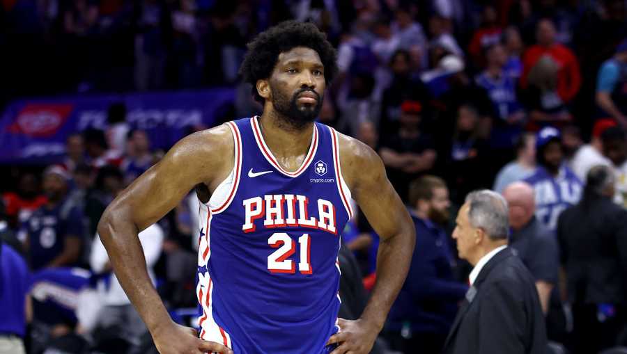 PHILADELPHIA, PENNSYLVANIA - MAY 02: Joel Embiid #21 of the Philadelphia 76ers reacts after his team&apos;s 118-115 loss against the New York Knicks in game six of the Eastern Conference First Round Playoffs at the Wells Fargo Center on May 02, 2024 in Philadelphia, Pennsylvania. (Photo by Tim Nwachukwu/Getty Images)