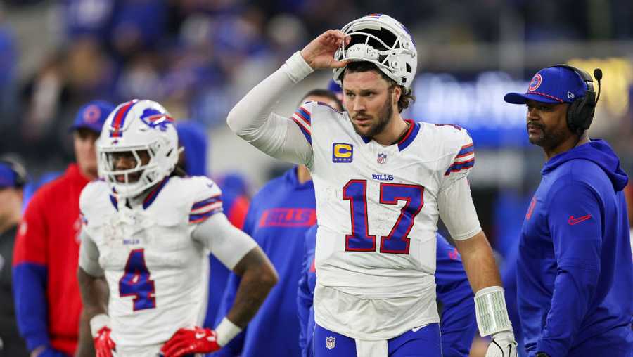 Josh Allen #17 of the Buffalo Bills reacts in the fourth quarter of a game against the Los Angeles Rams at SoFi Stadium on December 08, 2024 in Inglewood, California.